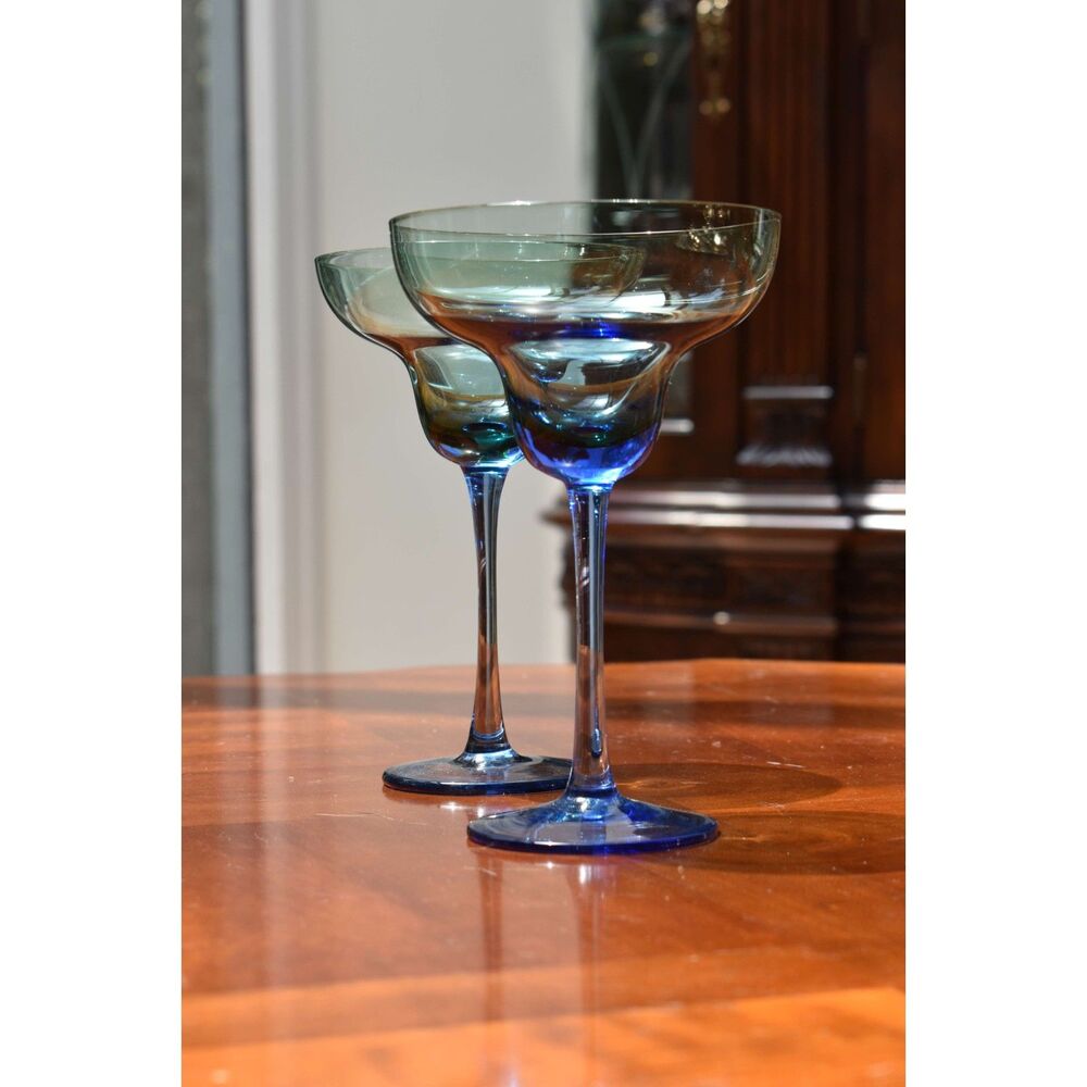 Hand Blown Margarita Coupe Glasses Pair Cobalt Blue Stem Mexican Style Barware